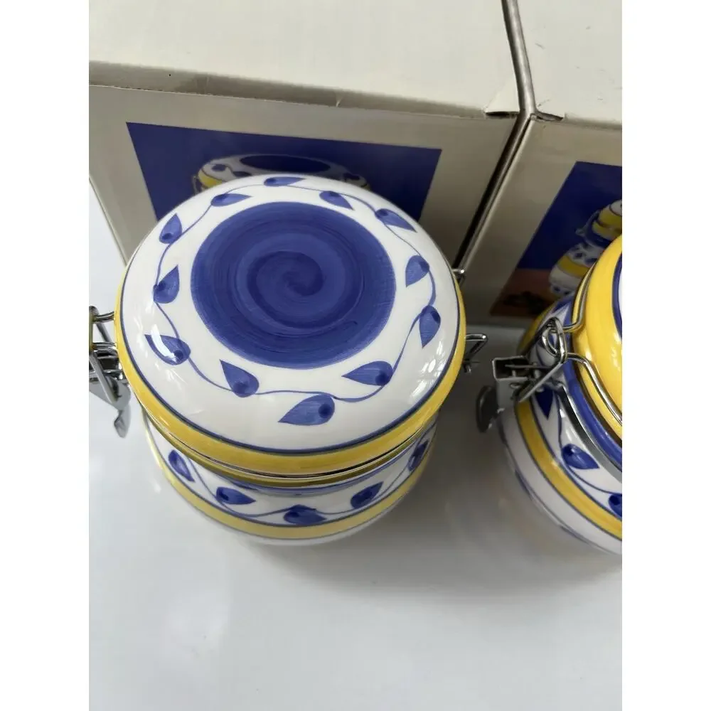 Set of 2 Hand Painted Ceramic Canisters with Clamp Lids 6.5” Blue Yellow